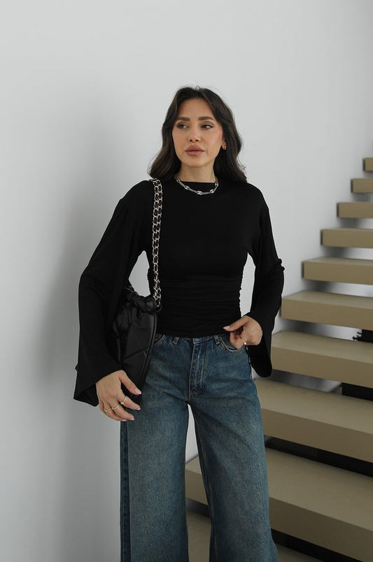 Black Cotton Waisted Top With Bell Sleeves