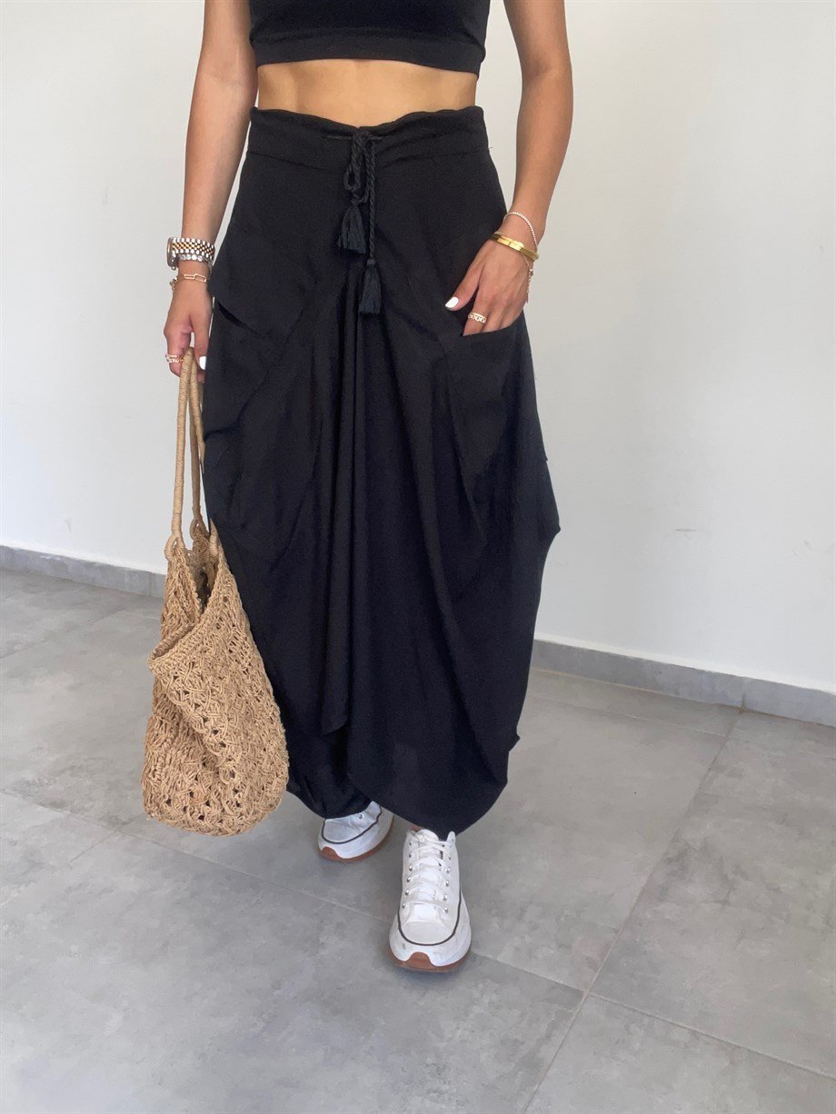Black Boho Wide Skirt With Tassels