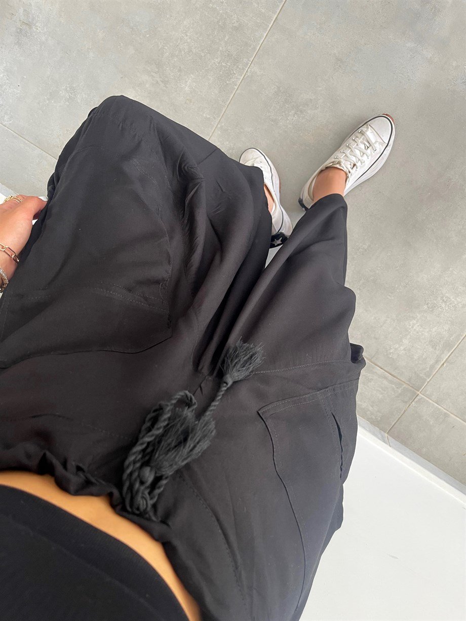 Black Boho Wide Skirt With Tassels