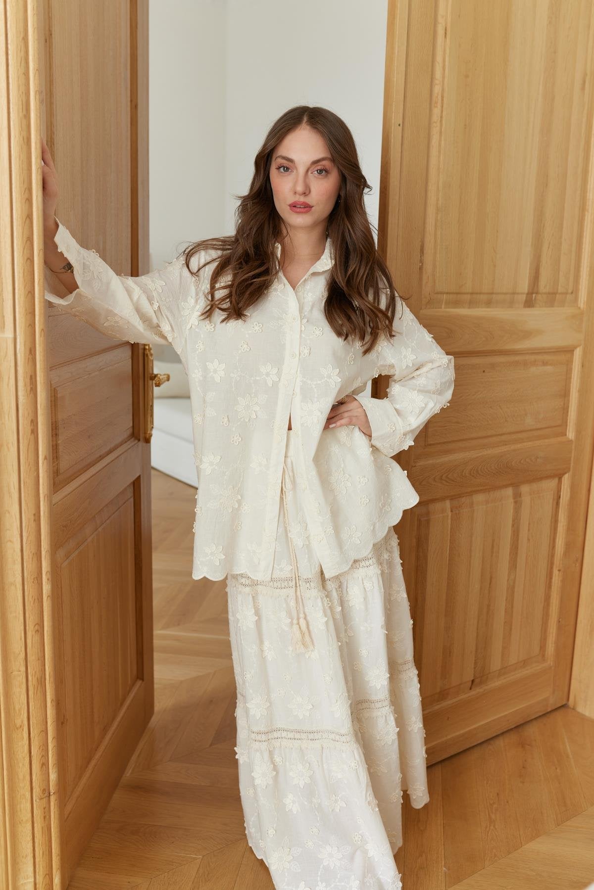 Cotton Beige Embroidered Floral Skirt With Tassels