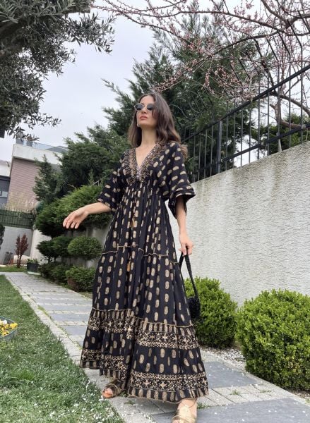 Paisley Black Golden Tasseled Dress