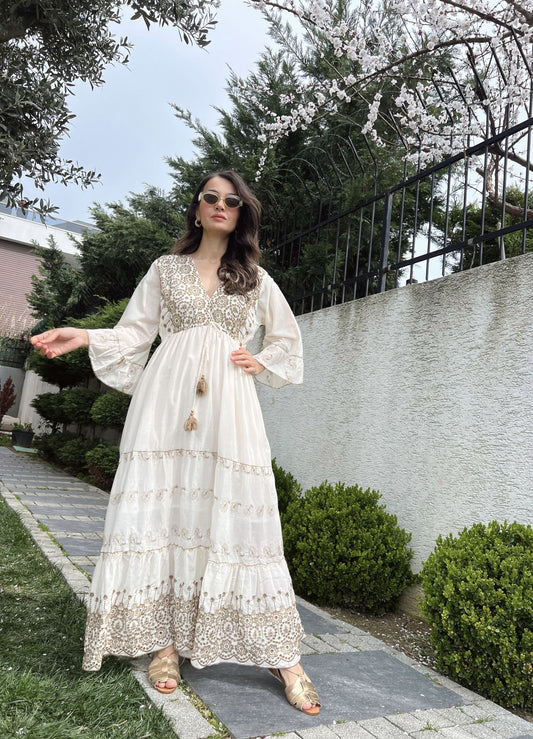 White Brown Embroidered Cut Out Dress With Tassel