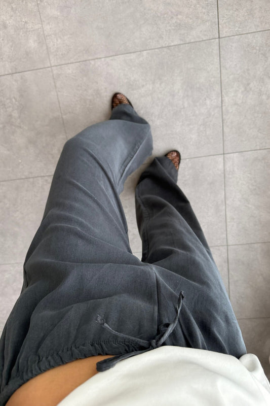 Washed Grey Wide Pants With Elastic Waist