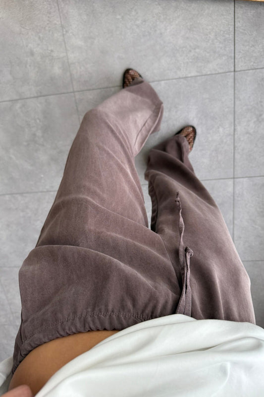 Washed Brown Wide Pants With Elastic Waist