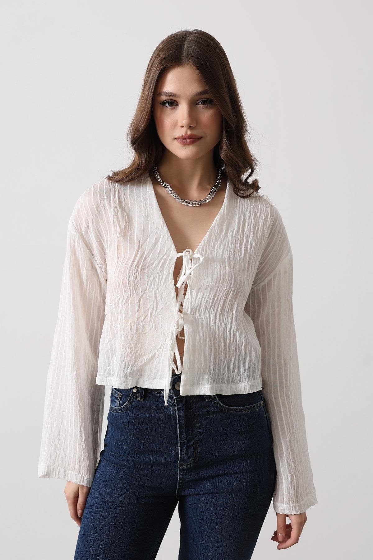 White Striped BLouse With Front Ties