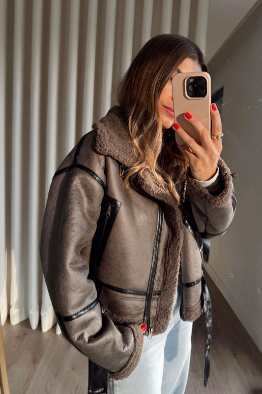Brown Faux Leather Jacket With Pockets & Belt