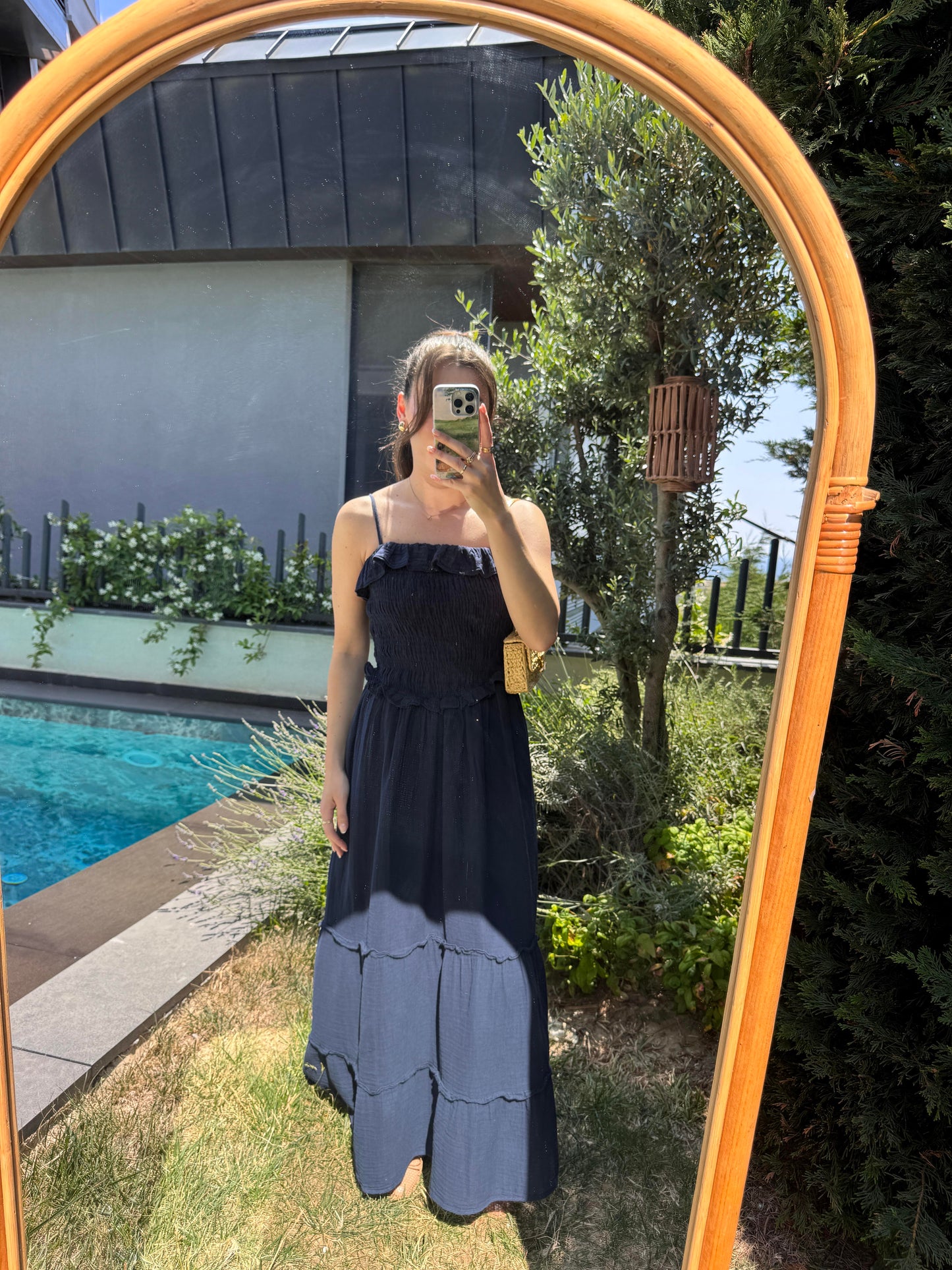 Navy Blue Cotton Straps Dress With Ruffles
