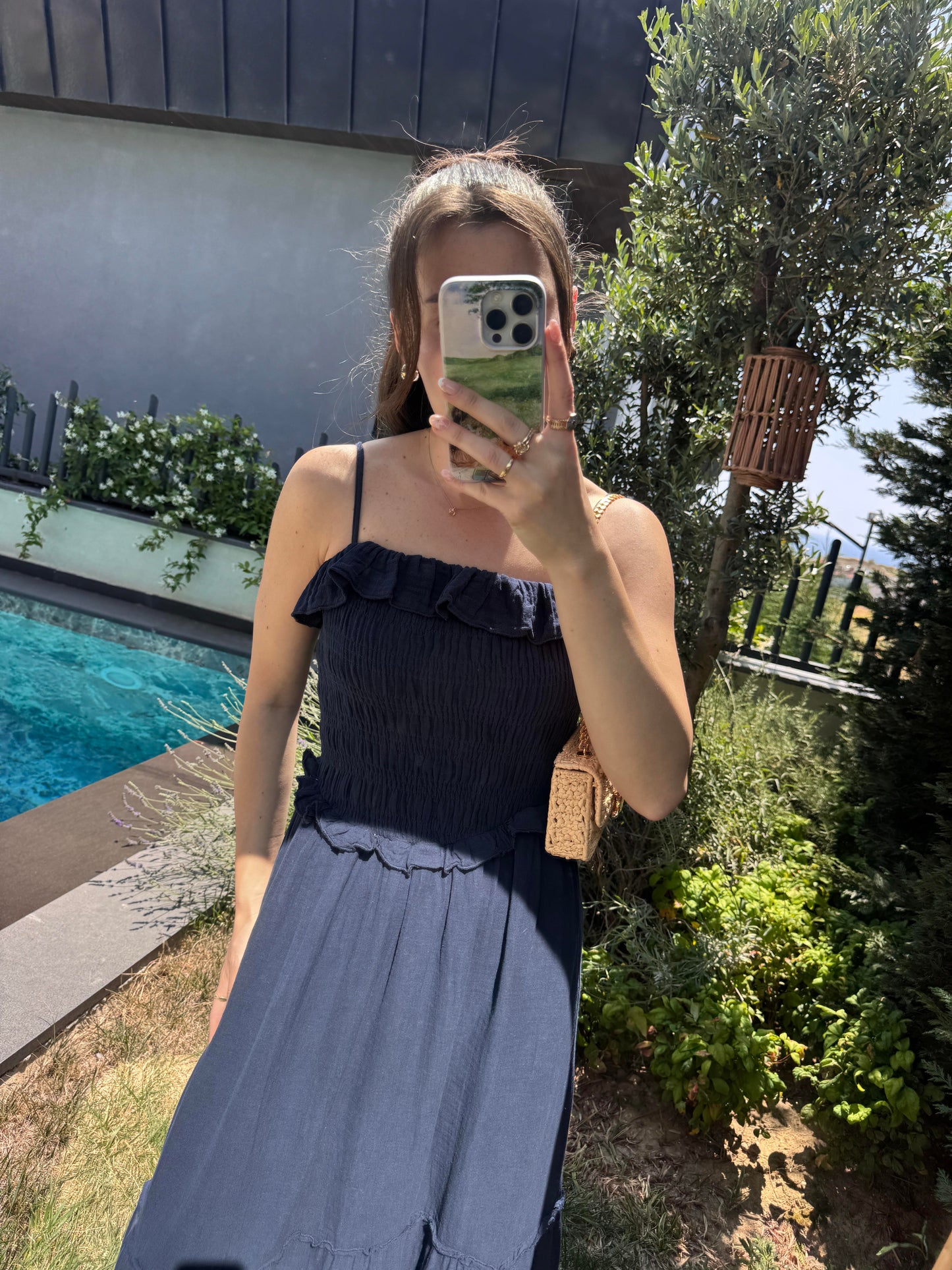 Navy Blue Cotton Straps Dress With Ruffles