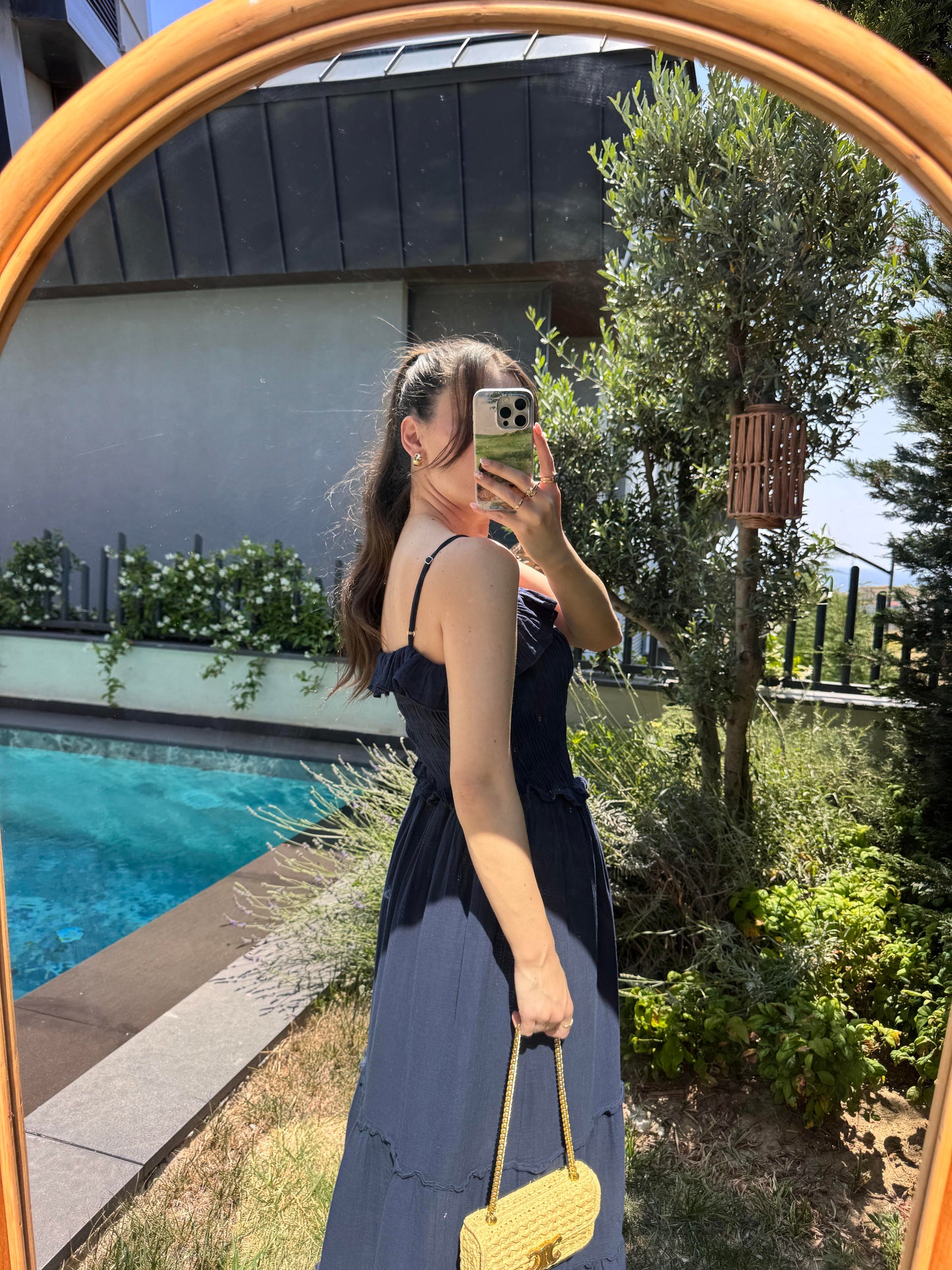 Navy Blue Cotton Straps Dress With Ruffles