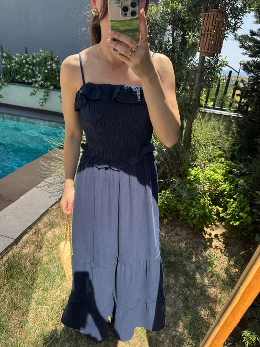Navy Blue Cotton Straps Dress With Ruffles
