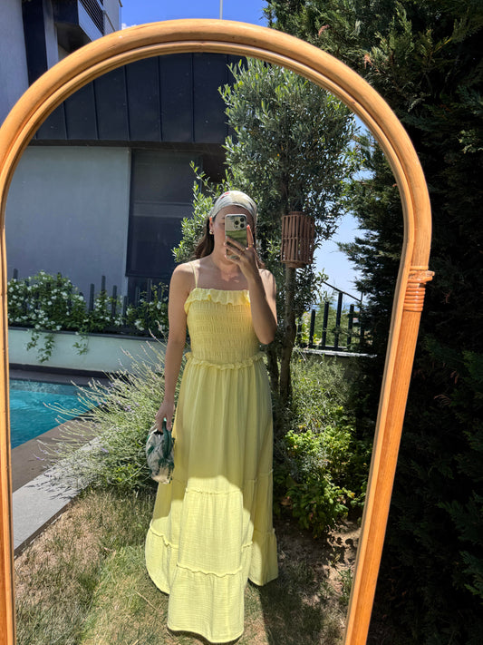 Yellow Cotton Straps Dress With Ruffles