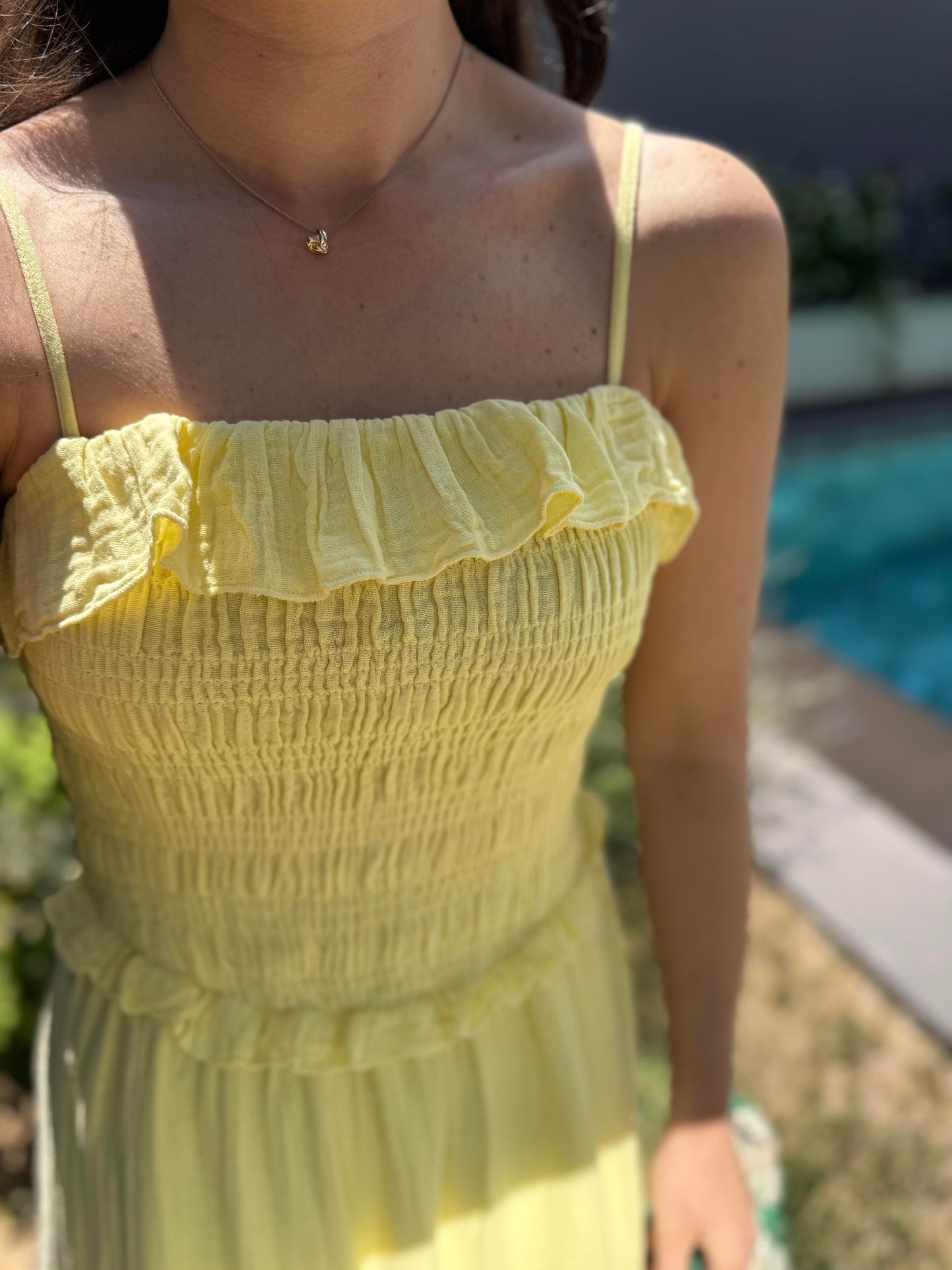 Yellow Cotton Straps Dress With Ruffles