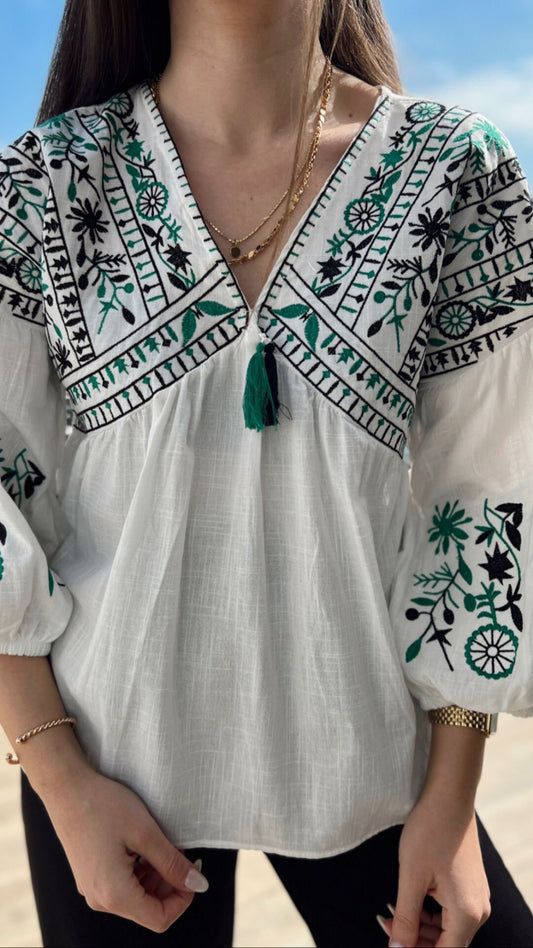 Embroidered Green Tasseled Blouse