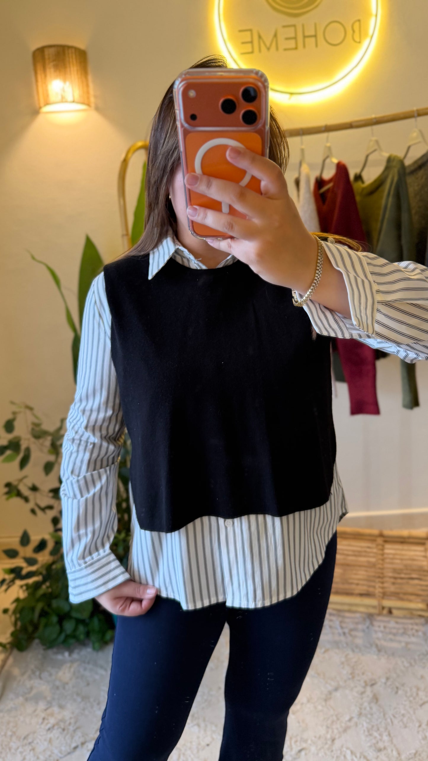 Black Vest With Ties + Striped Black Cotton Shirt (2-Piece)