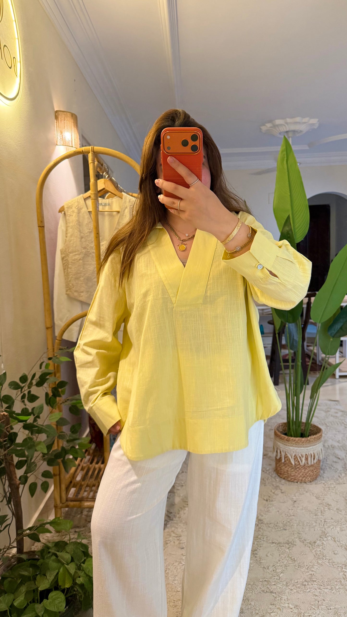 Yellow Premium Linen V Neck Shirt