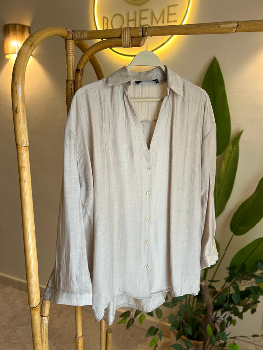 Grey Striped Oversized V Neck Shirt
