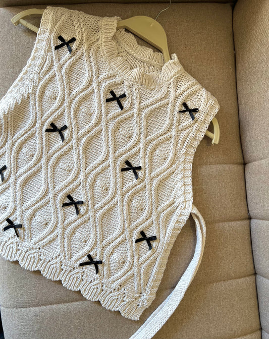 Off White Crochet Vest With Ties & Bows