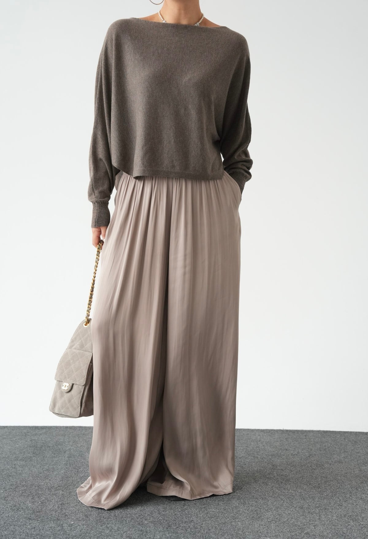 Greige Crinkled Satin Flowy Pants