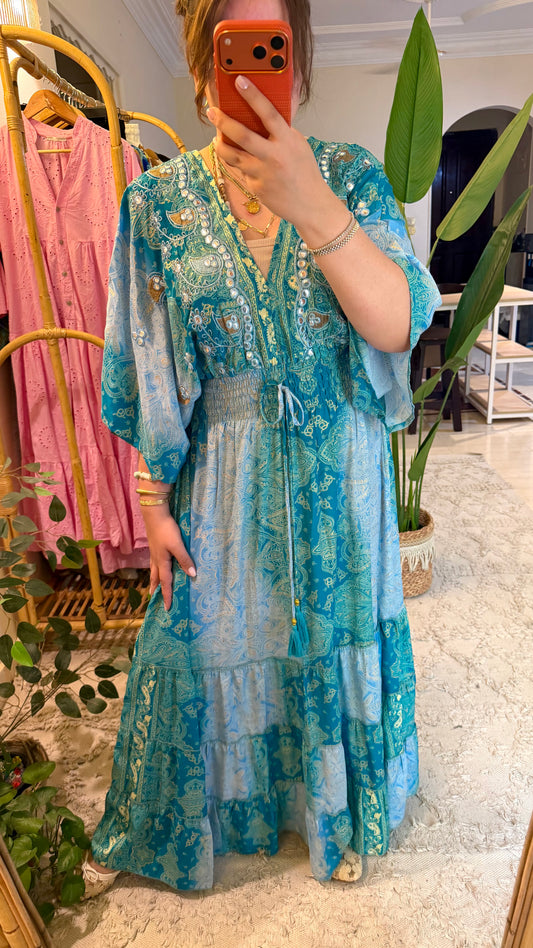The Italian Green Elastic Waist Dress With Embroidery & Tassels
