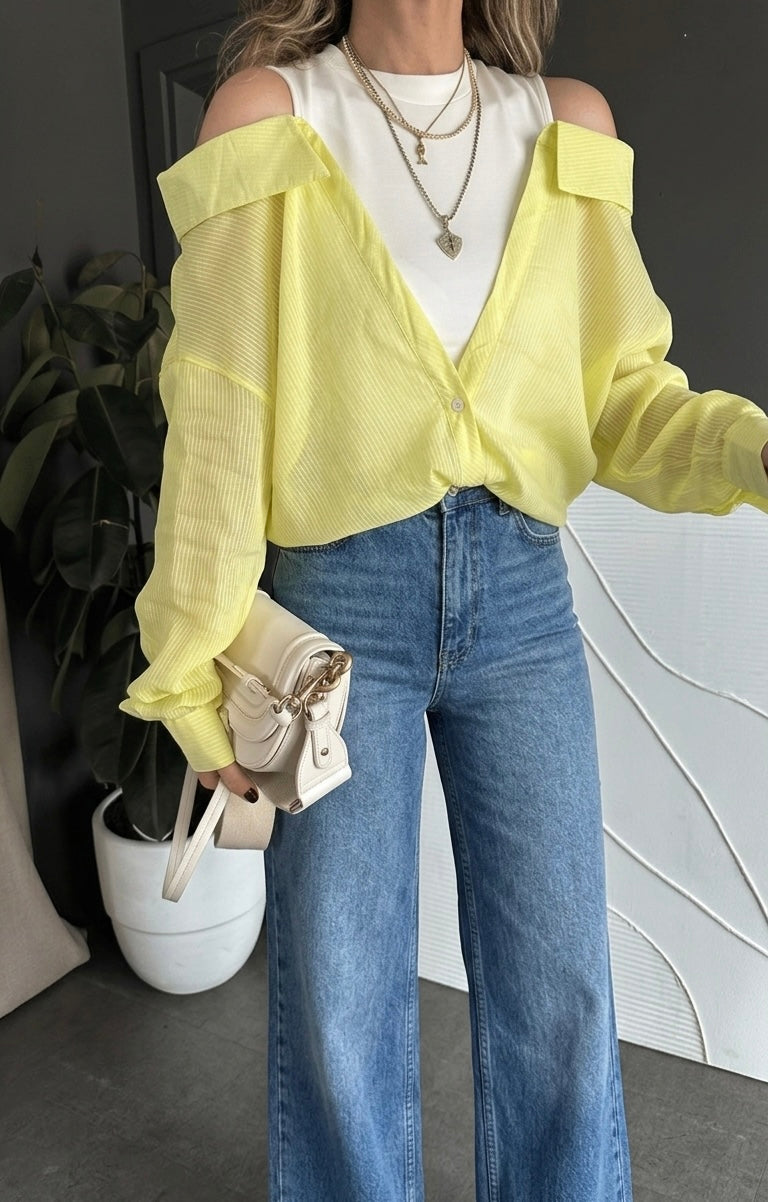 Off Shoulder Striped Lime Shirt With White Top