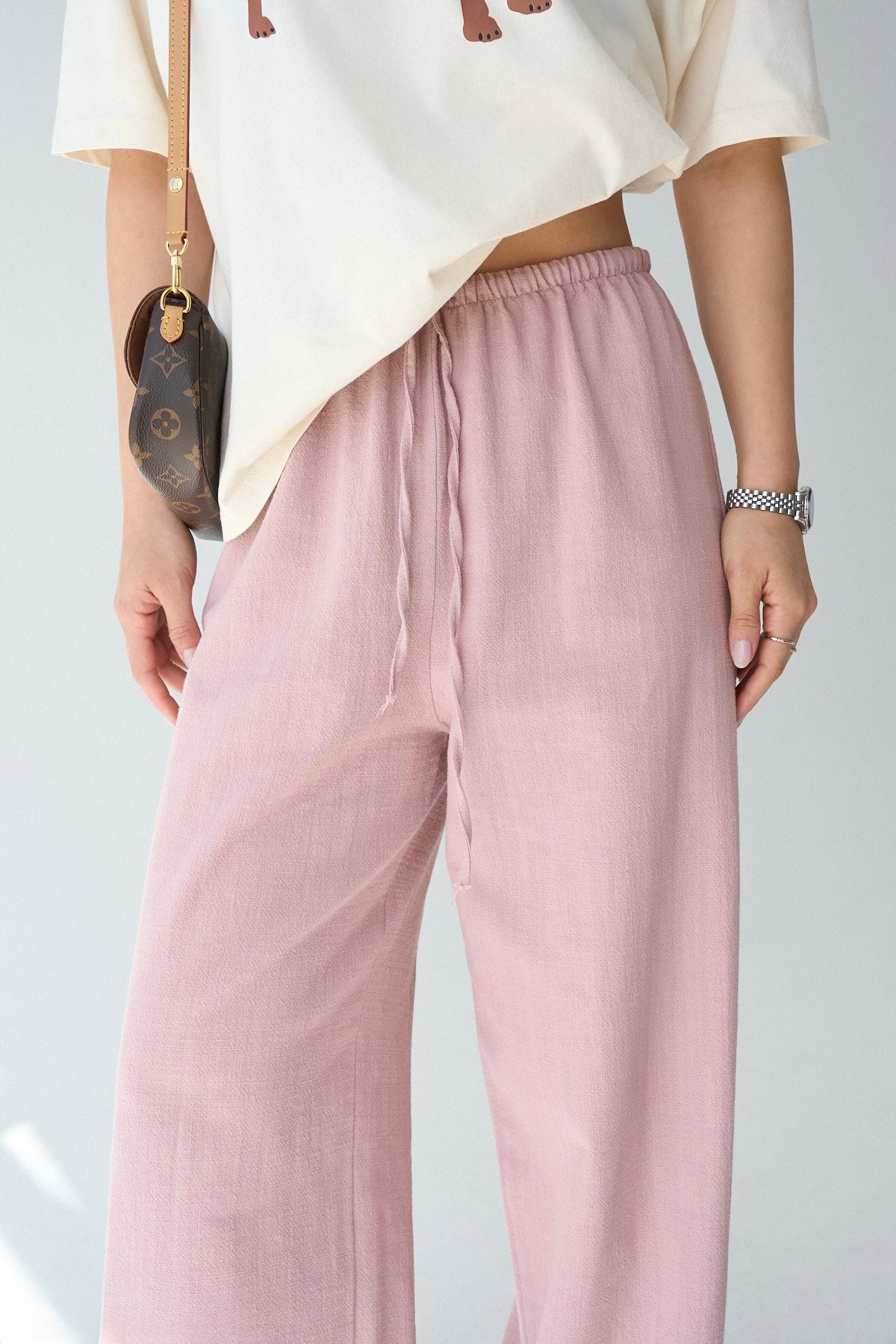 Linen Pink Straight Pants With Elastic Waist