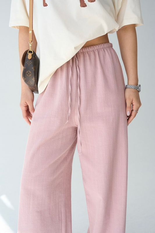 Linen Pink Straight Pants With Elastic Waist