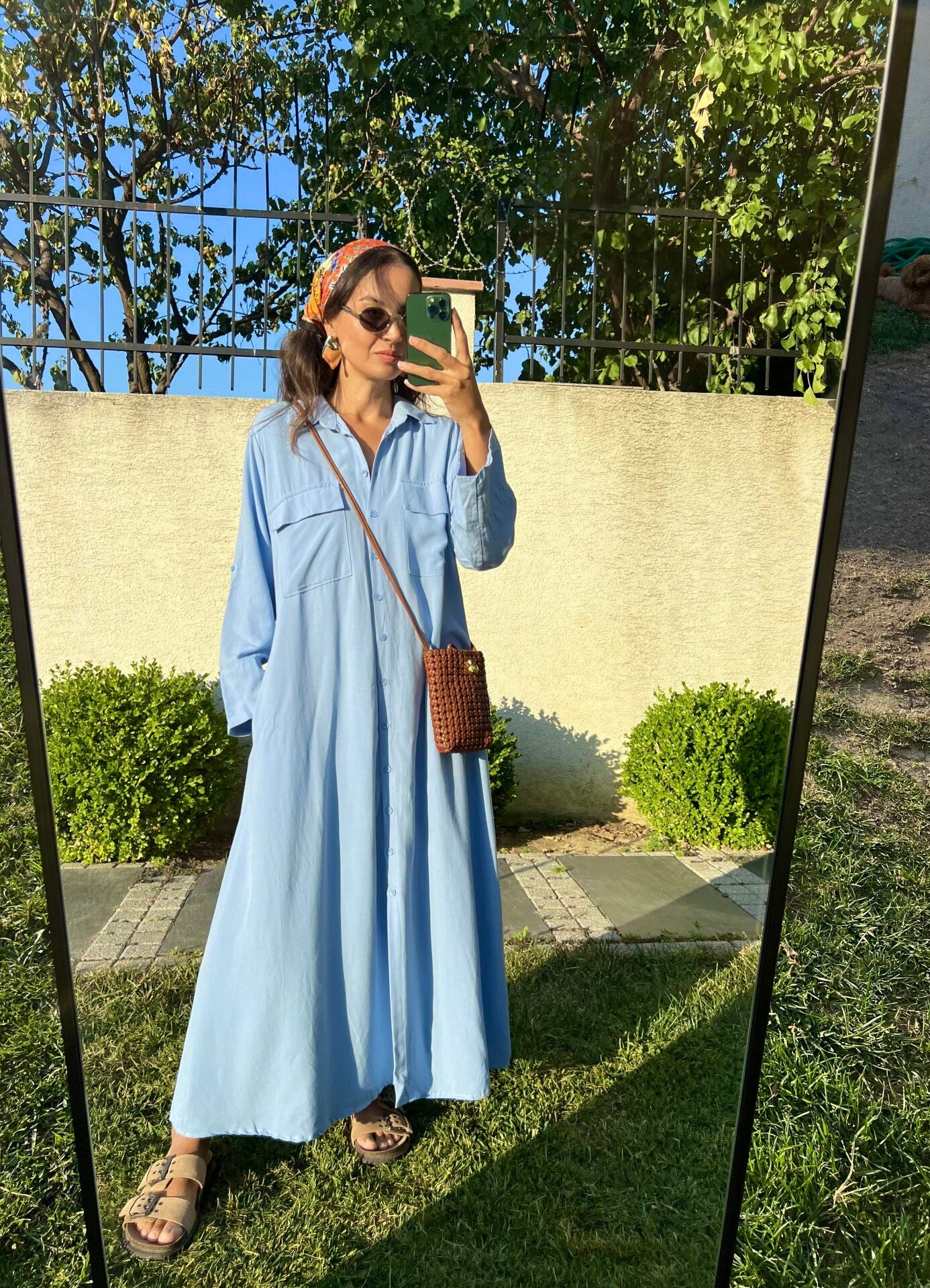 Blue Linen Shirt Dress With Pockets