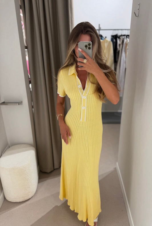 Yellow Ribbed Dress With White Stripes
