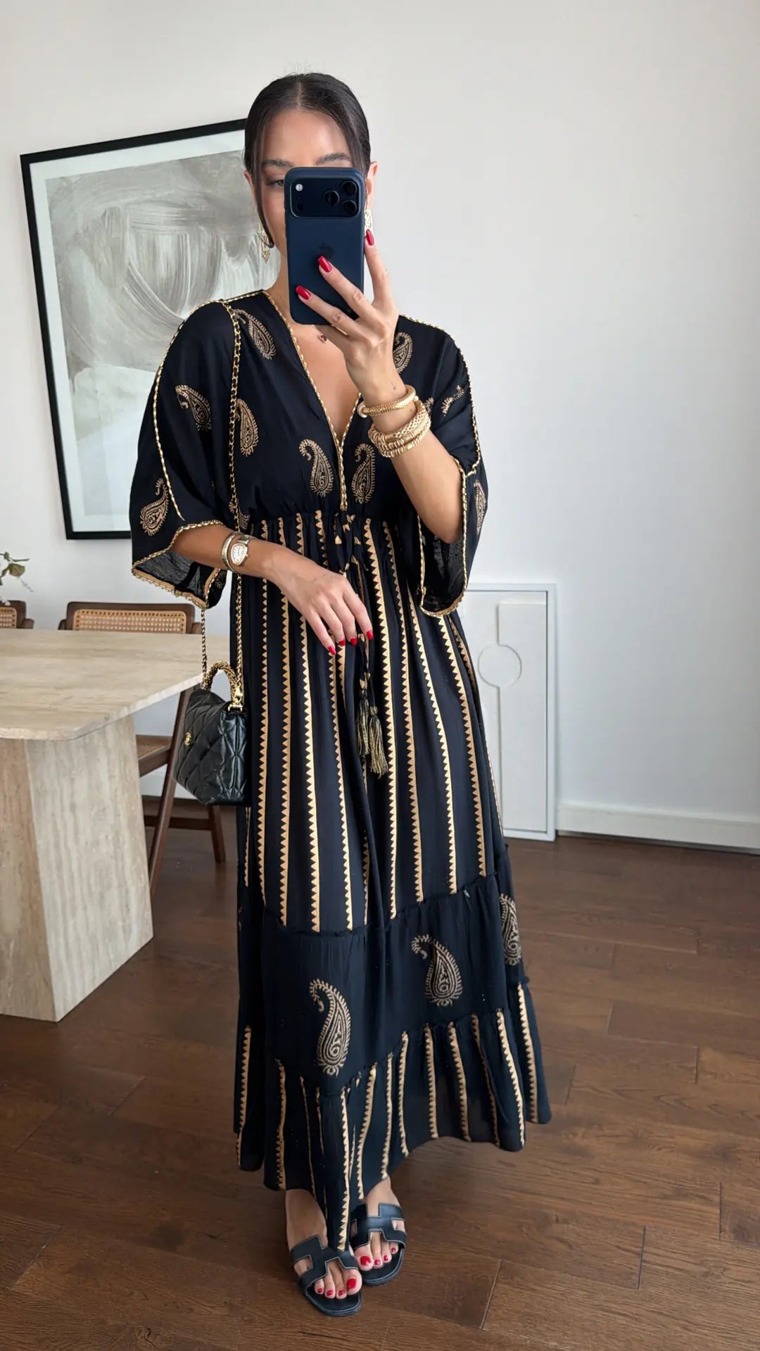 Black Cotton Paisley Dress With Golden Pearls & Threads