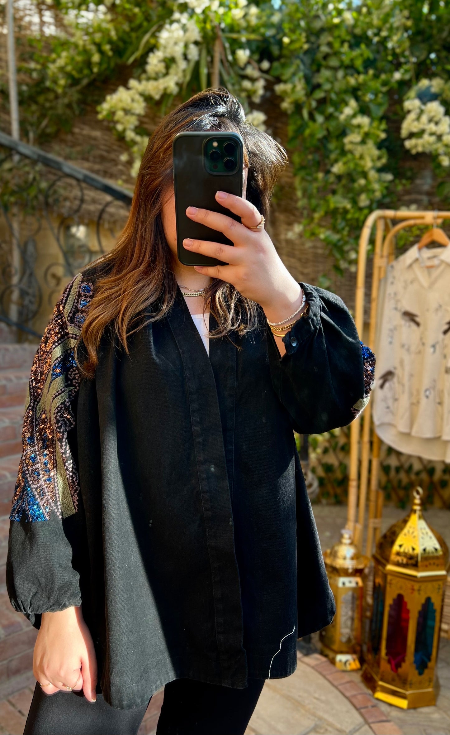 Black Denim Embroidered Sequin Kimono