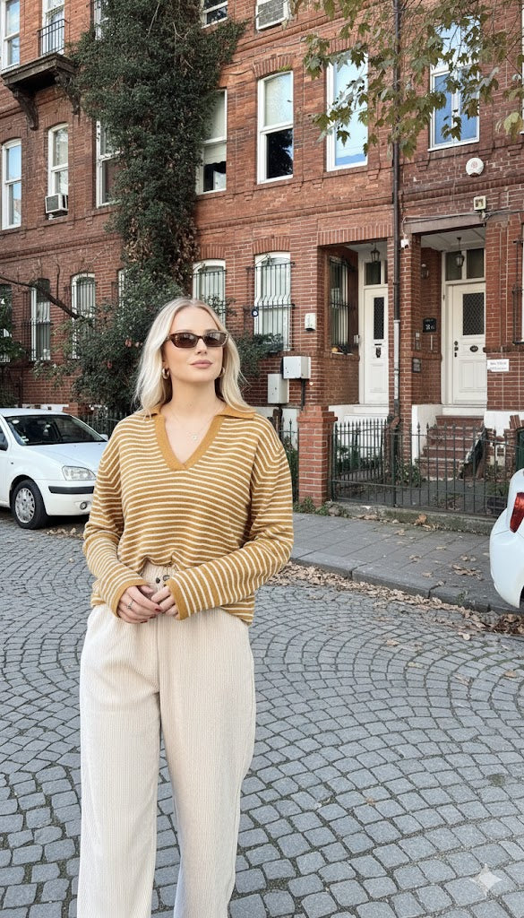 Yellow Ginger Striped Pullover With Polo Collar