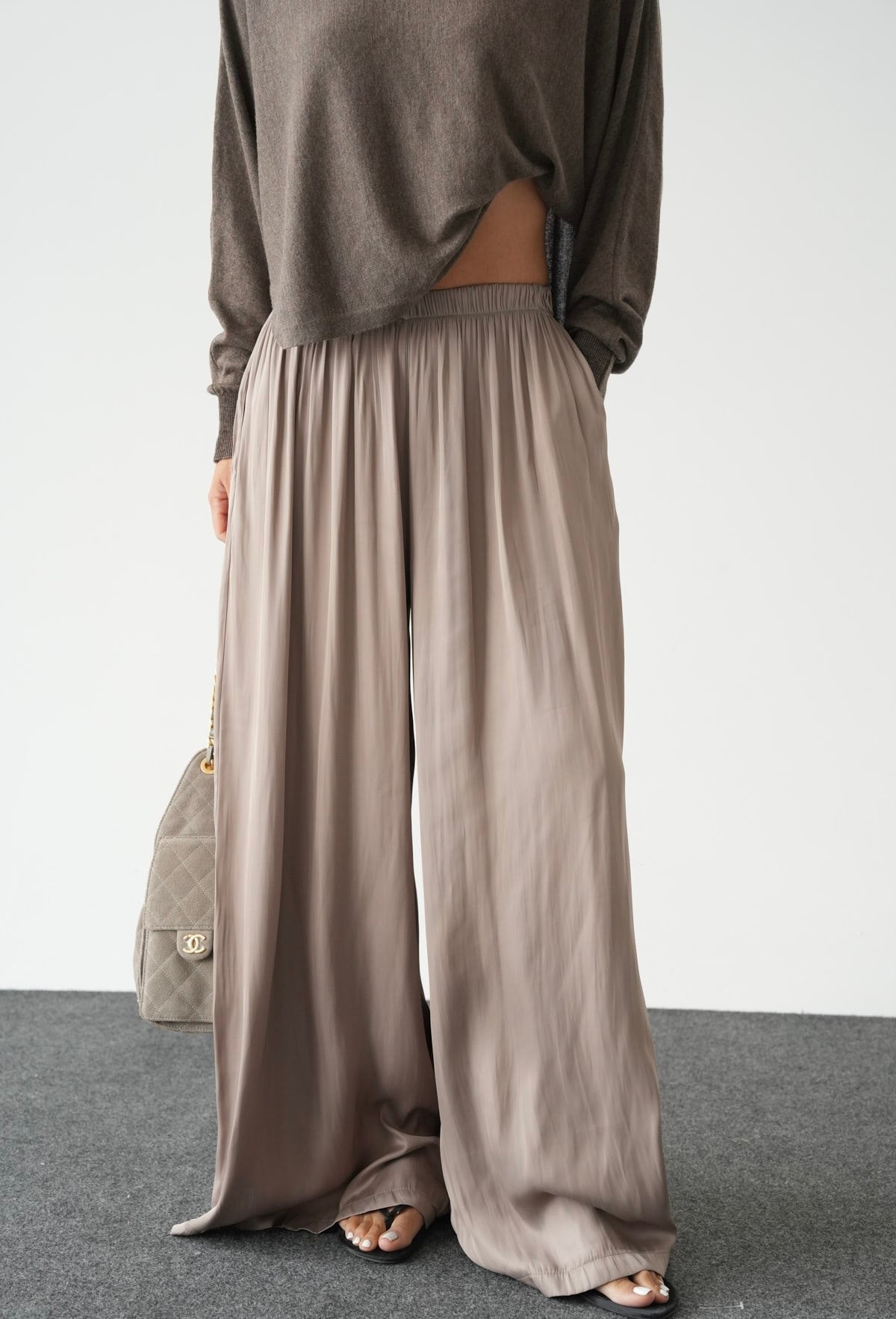 Greige Crinkled Satin Flowy Pants