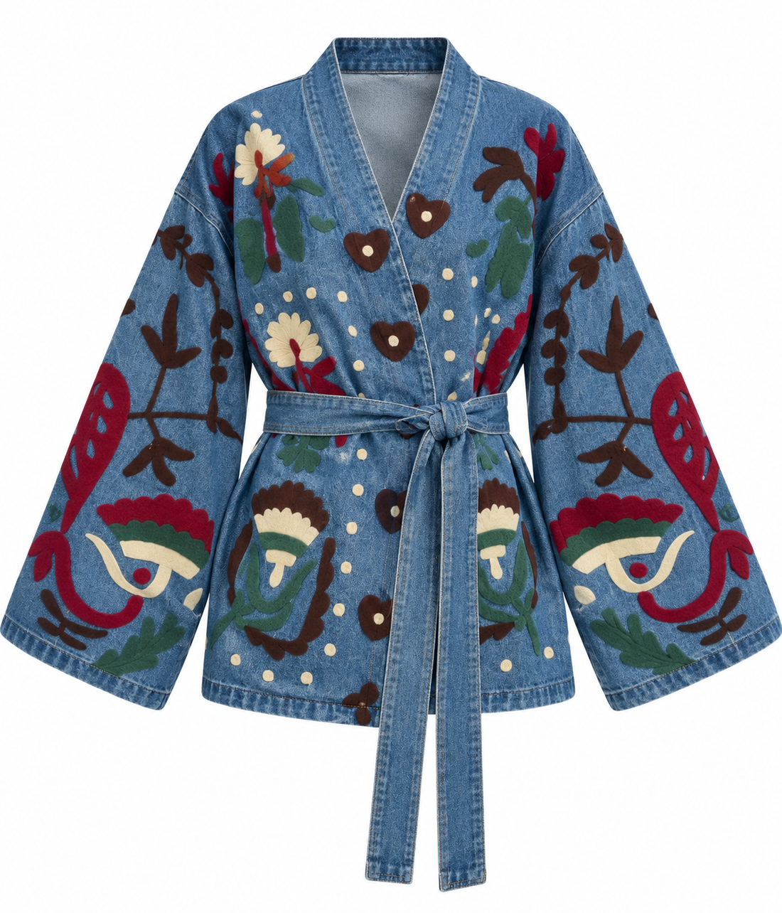 Blue Fully Embroidered Denim Belted Jacket