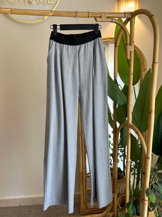 Grey Classic Pants With Black Elastic Waist