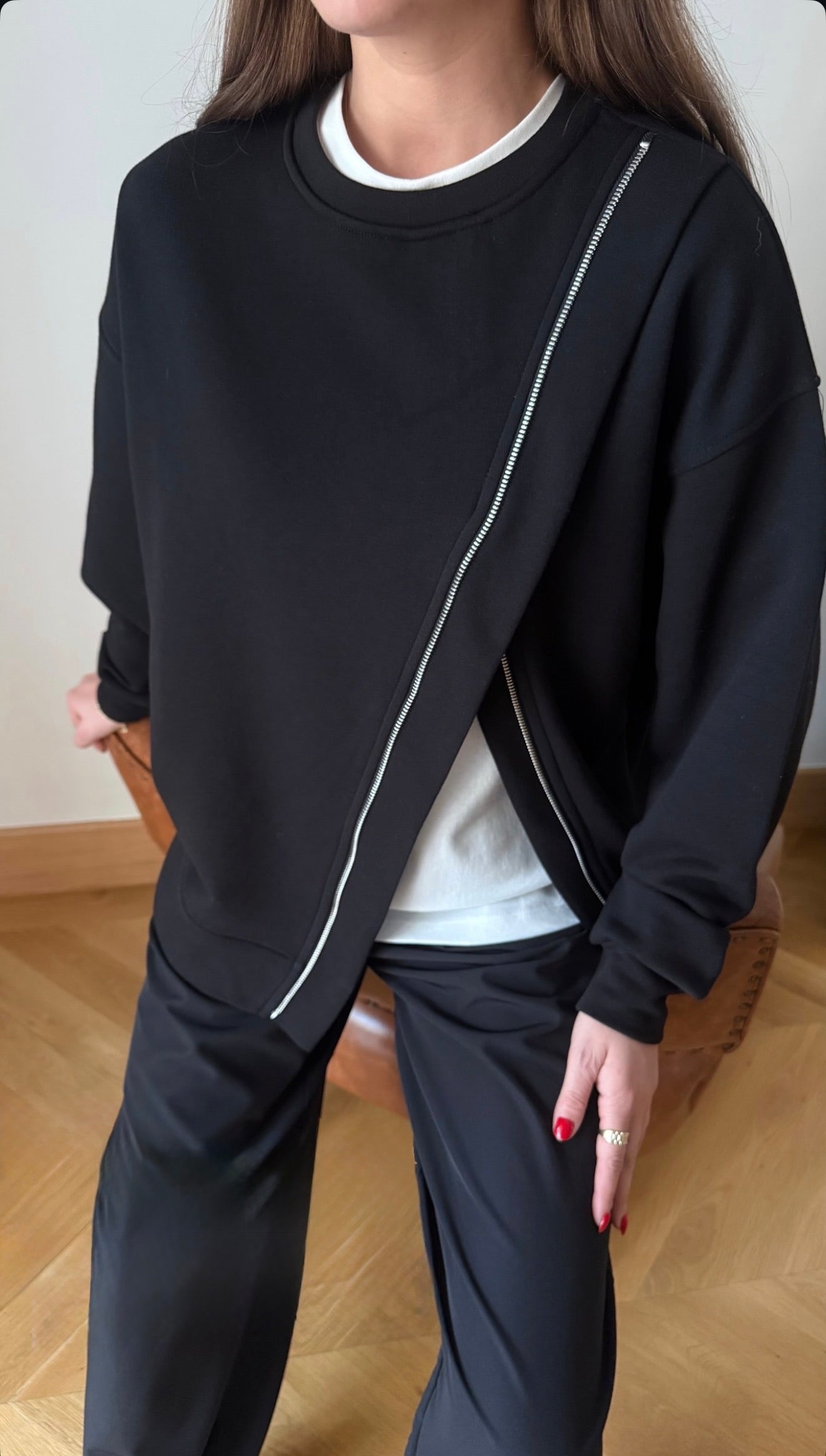 Black Melton Sweatshirt With Side Slit