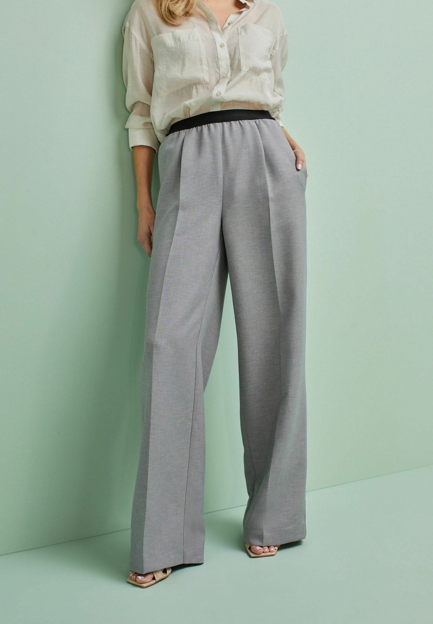 Grey Classic Pants With Black Elastic Waist