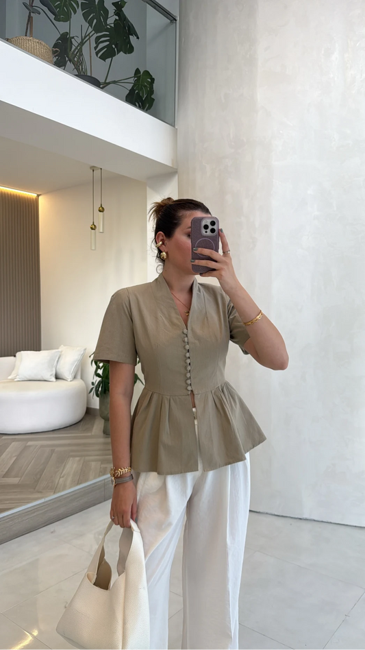 Olive Linen Half Sleeves Blouse
