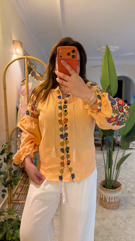 Orange Floral Embroidered Blouse