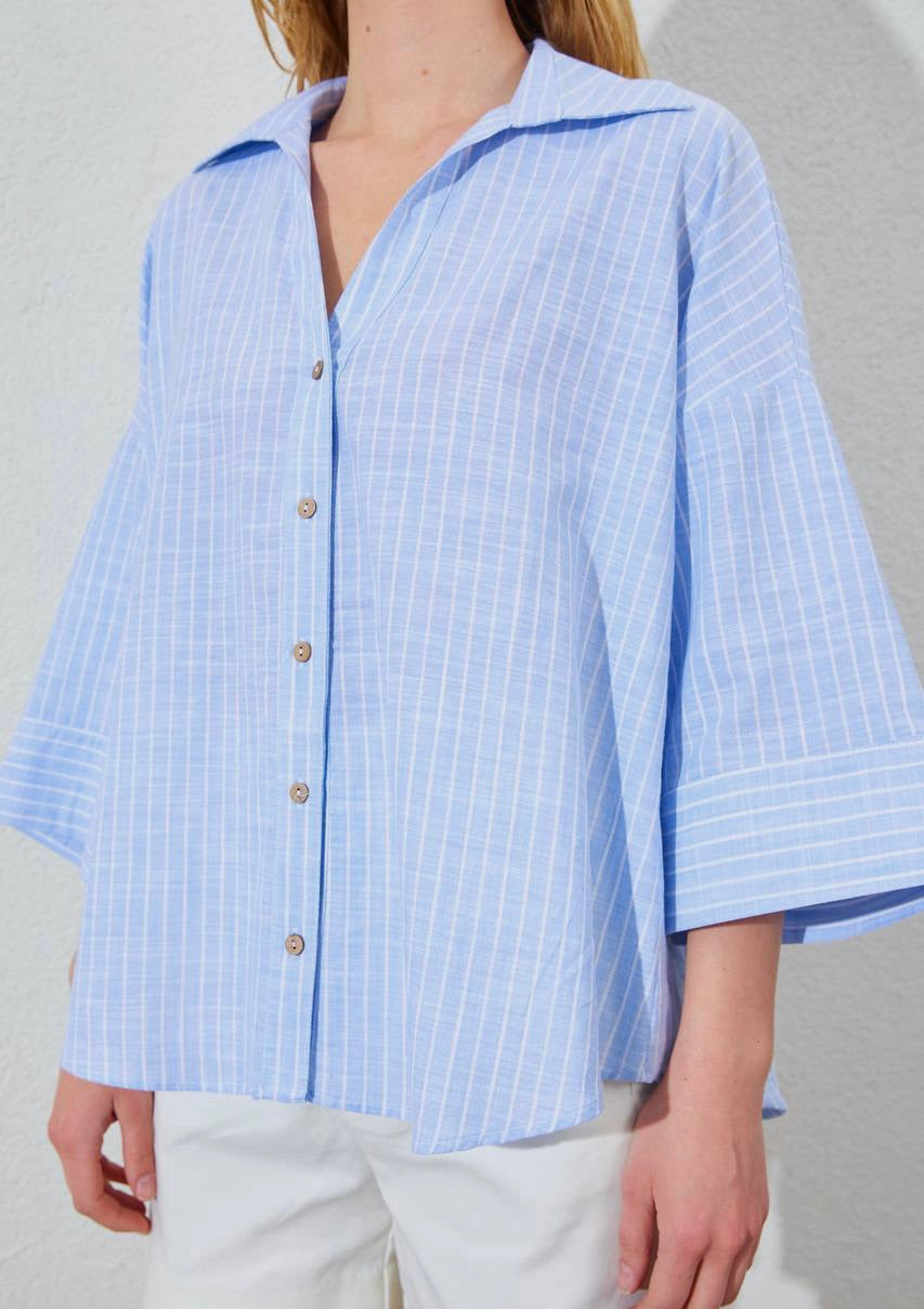 Blue Striped Linen Shirt With Bell Sleeves