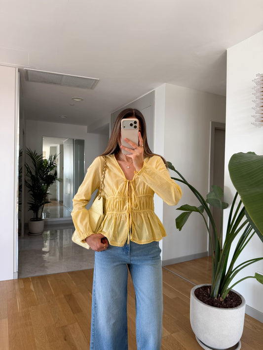 Yellow Elastic Blouse With Front Ties