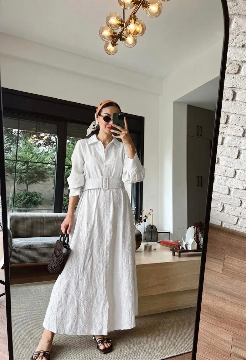 White Embroidered Floral Belted Dress