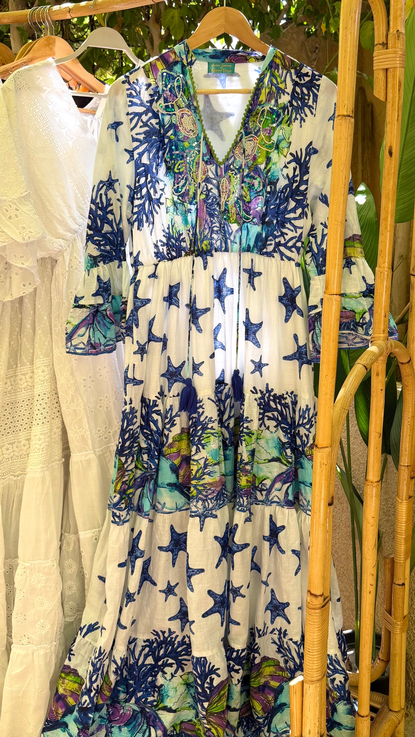 Antica Sartoria Blue Starfish Dress With Handmade Embroidery Beads