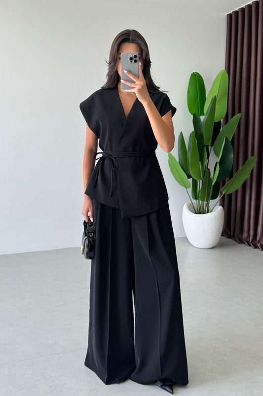 Black Belted Vest & Wide Leg Pants Set