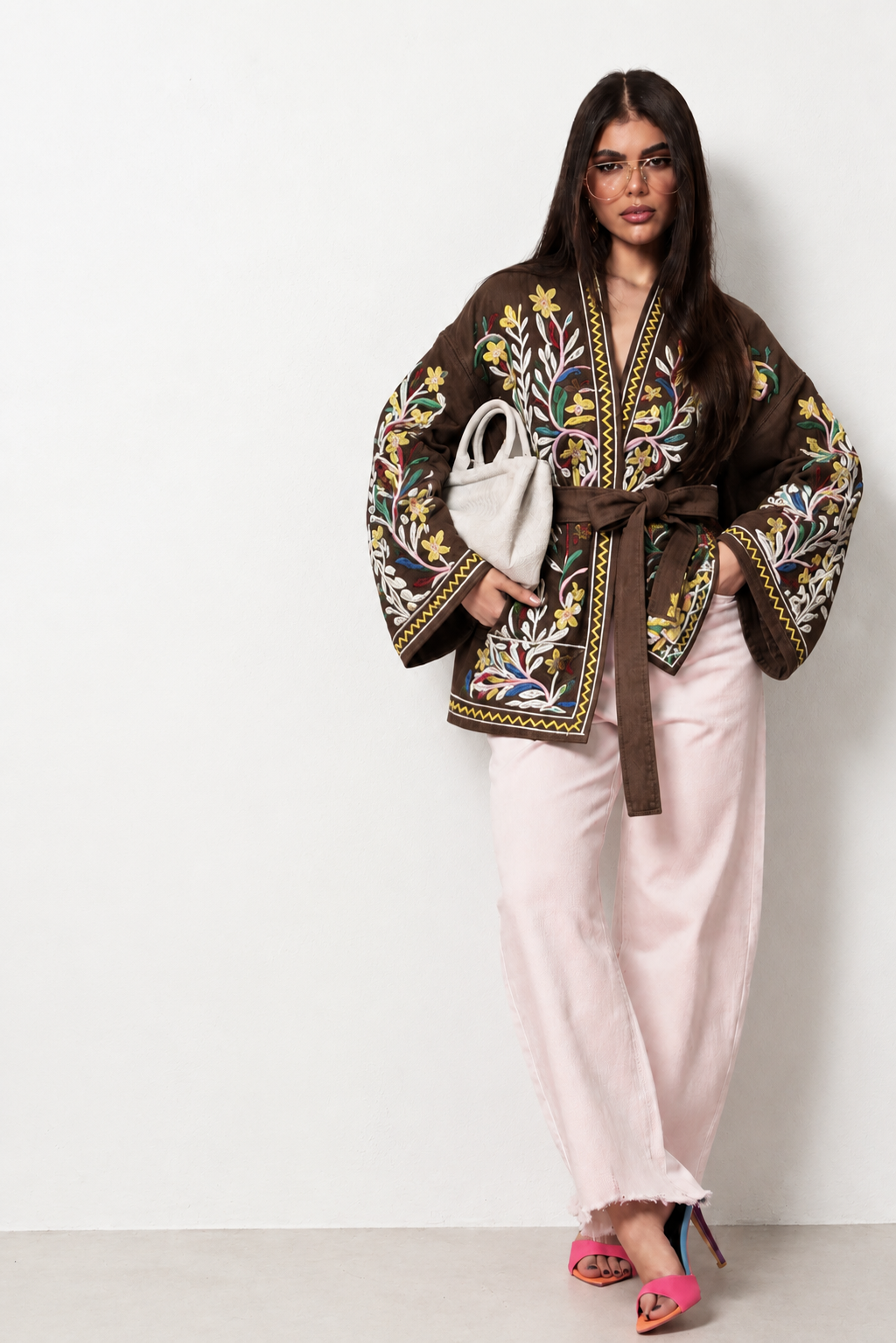 Brown Embroidered Gabardine Belted Jacket