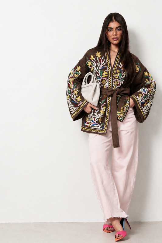 Brown Embroidered Gabardine Belted Jacket