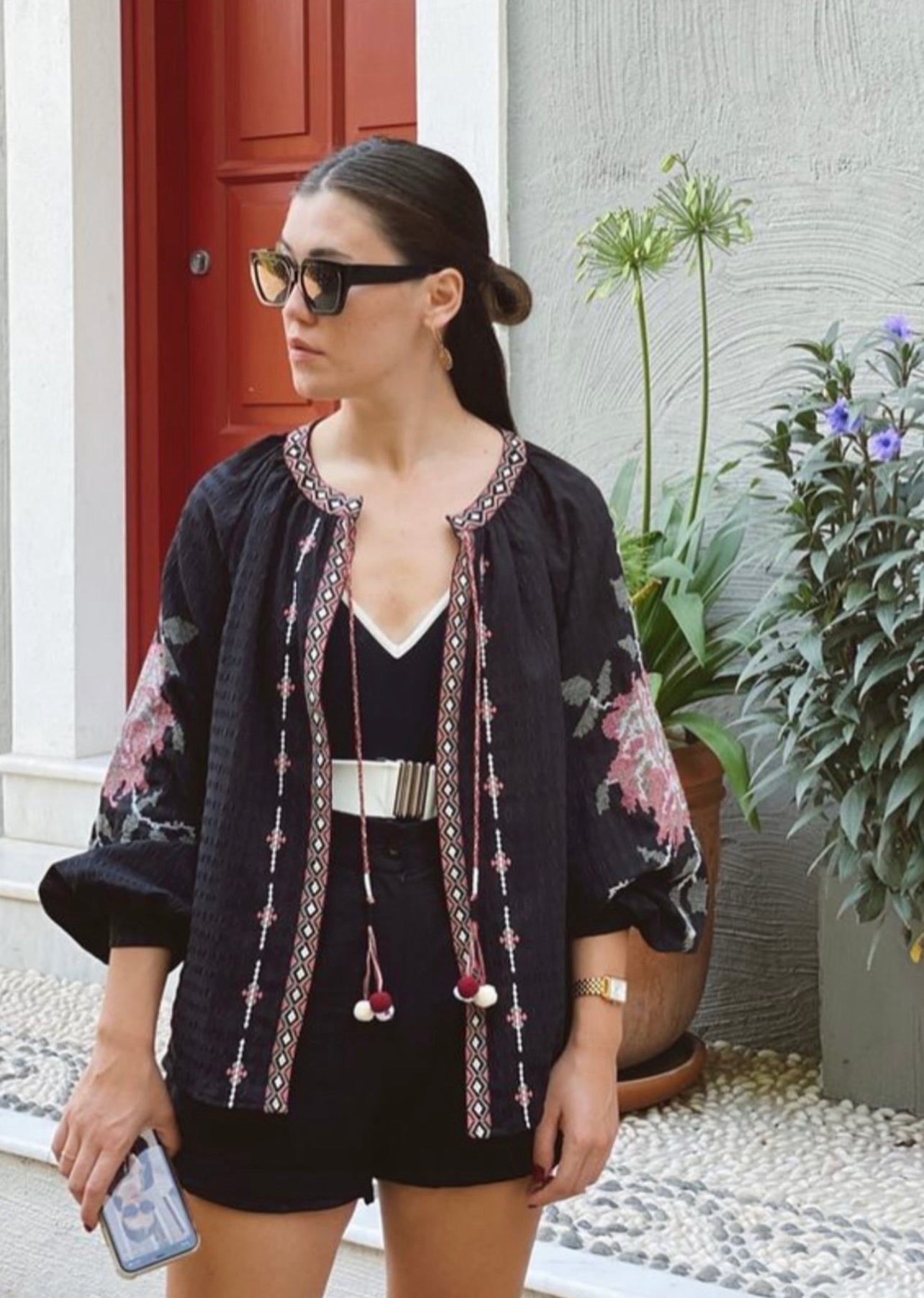 Tasseled Black Embroidered Cardigan