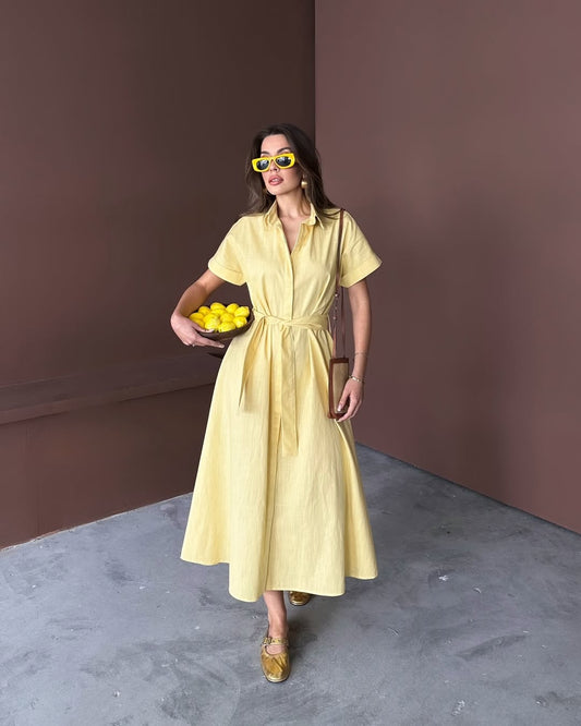 Yellow Linen Belted Dress