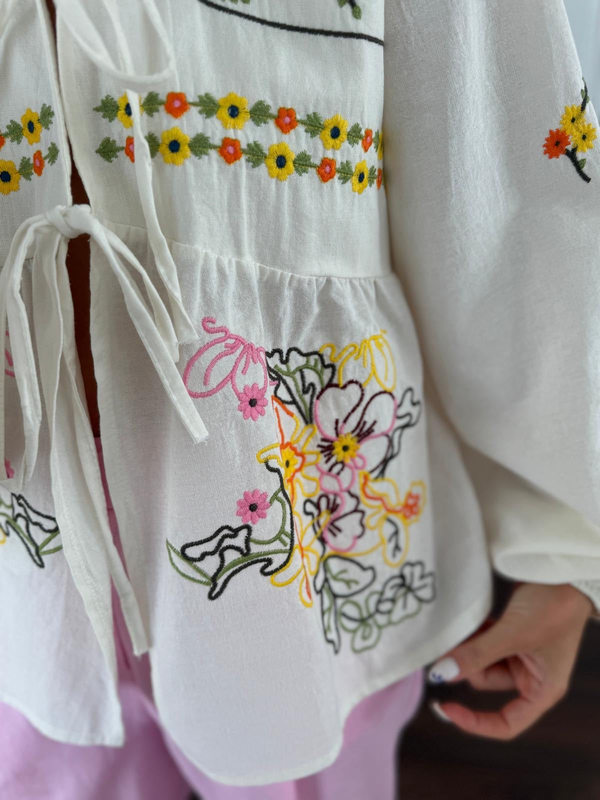 Cotton Embroidered Floral Cardigan With Ties