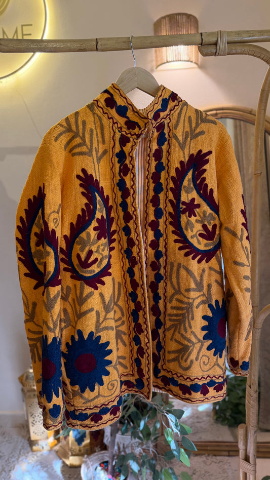 Mustard Burgundy Suzani Embroidered Long Jacket
