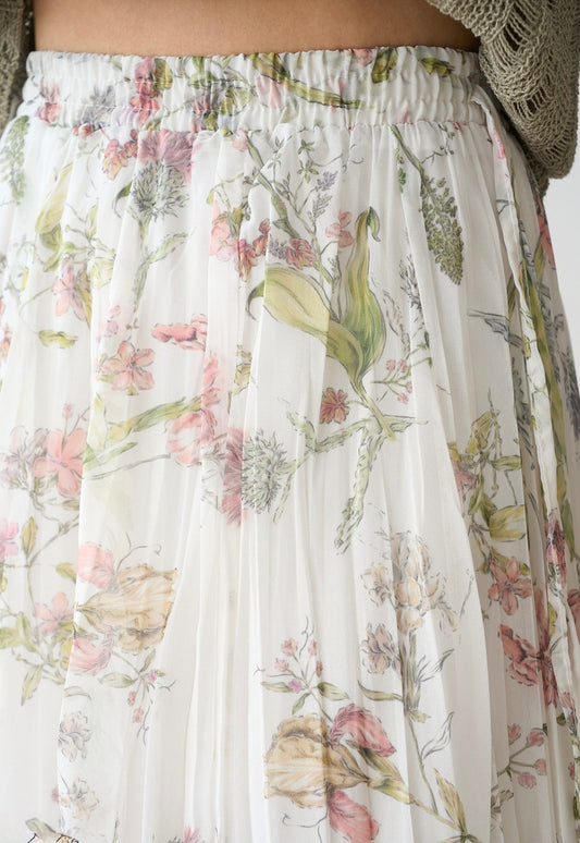 Floral White Asymmetrical Chiffon Skirt